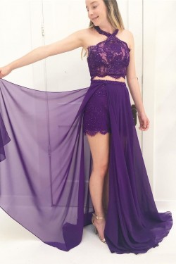 Long Chiffon and Lace Two Pieces Prom Dresses Formal Evening Gowns 901715