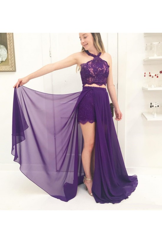 Long Chiffon and Lace Two Pieces Prom Dresses Formal Evening Gowns 901715
