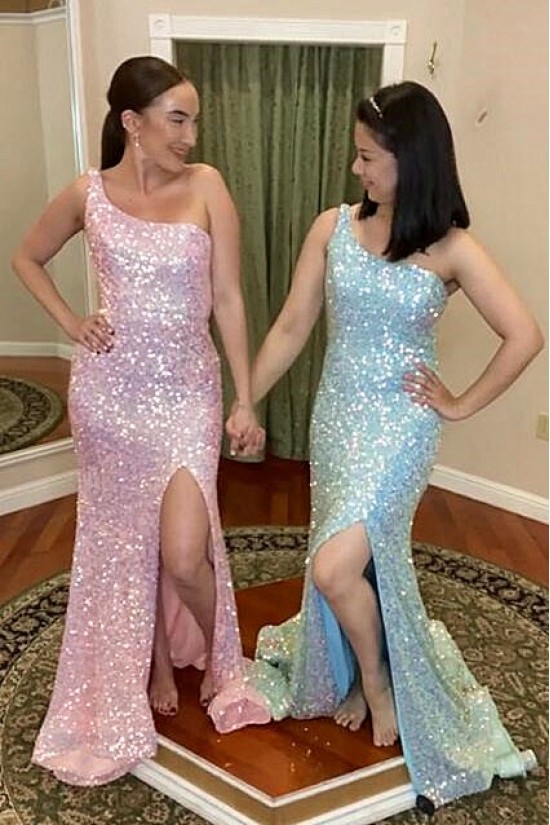 Elegant One Shoulder Sequin Prom Dresses Formal Evening Gowns 901716