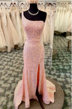 Elegant One Shoulder Sequin Prom Dresses Formal Evening Gowns 901716