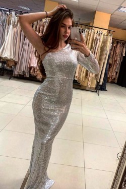 Mermaid One Shoulder Sparkle Prom Dresses Formal Evening Gowns 901717