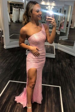 Long Pink One Shoulder Sparkle Sequin Prom Dresses Formal Evening Gowns 901724
