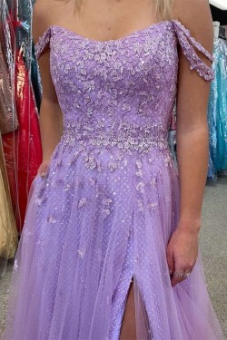 Long Lilac Lace and Tulle Prom Dresses Formal Evening Gowns 901731