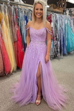 Long Lilac Lace and Tulle Prom Dresses Formal Evening Gowns 901731