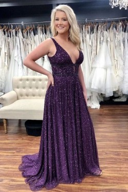 A-Line Long Purple Sparkle Sequins Prom Dresses Formal Evening Gowns 901737