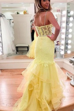 Long Yellow Mermaid Lace Prom Dresses Formal Evening Gowns 901740