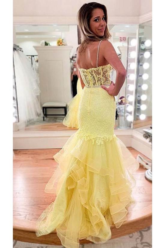 Long Yellow Mermaid Lace Prom Dresses Formal Evening Gowns 901740 Long Yellow Mermaid Lace Prom Dresses Formal Evening Gowns 901740
