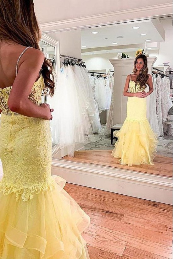 Long Yellow Mermaid Lace Prom Dresses Formal Evening Gowns 901740 Long Yellow Mermaid Lace Prom Dresses Formal Evening Gowns 901740