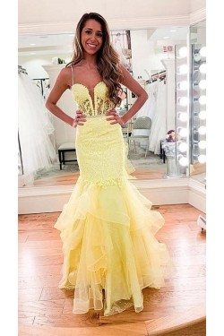 Long Yellow Mermaid Lace Prom Dresses Formal Evening Gowns 901740