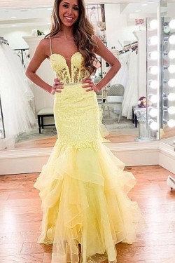 Long Yellow Mermaid Lace Prom Dresses Formal Evening Gowns 901740
