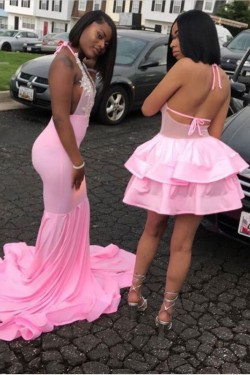 Long Pink Mermaid Lace Prom Dresses Formal Evening Gowns 901742