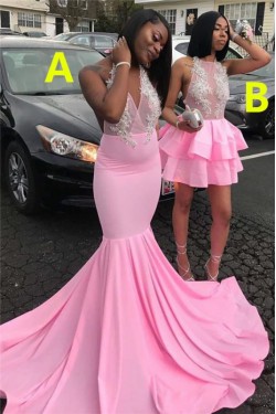 Long Pink Mermaid Lace Prom Dresses Formal Evening Gowns 901742