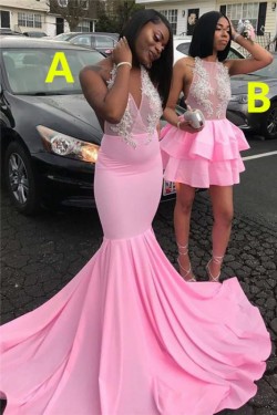 Long Pink Mermaid Lace Prom Dresses Formal Evening Gowns 901742