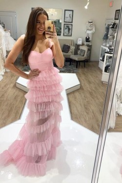Long Pink Tulle Prom Dresses Formal Evening Gowns 901744