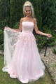 A-Line Long Pink Strapless Lace and Tulle Prom Dresses Formal Evening Gowns 901747