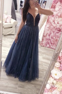 Long Navy Blue Tulle Sparkle Prom Dresses Formal Evening Gowns 901748