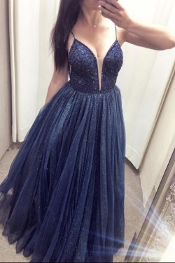 Long Navy Blue Tulle Sparkle Prom Dresses Formal Evening Gowns 901748