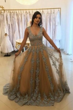 Long Lace and Tulle Prom Dresses Formal Evening Gowns 901749