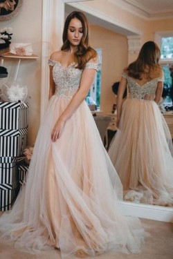 A-Line Lace and Tulle Long Prom Dresses Formal Evening Gowns 901752
