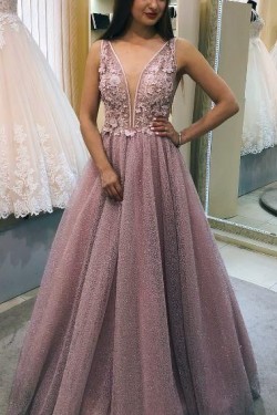 A-Line Lace and Tulle Long Prom Dresses Formal Evening Gowns 901753