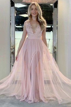 A-Line Lace and Tulle Long Pink Prom Dresses Formal Evening Gowns 901754