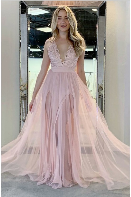 A-Line Lace and Tulle Long Pink Prom Dresses Formal Evening Gowns 901754 A-Line Lace and Tulle Long Pink Prom Dresses Formal Evening Gowns 901754