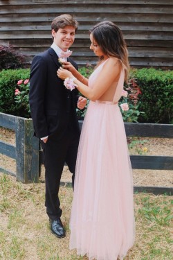 A-Line Long Pink Tulle Prom Dresses Formal Evening Gowns 901755