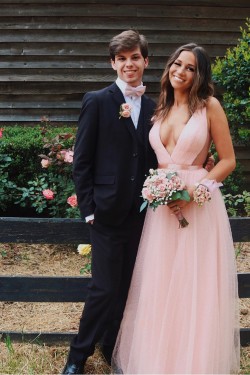 A-Line Long Pink Tulle Prom Dresses Formal Evening Gowns 901755