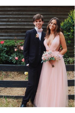 A-Line Long Pink Tulle Prom Dresses Formal Evening Gowns 901755