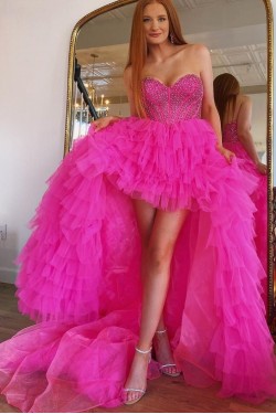 High Low Sweetheart Sparkle Tulle Fuchsia Prom Dresses Formal Evening Gowns 901757
