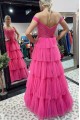 A-Line Fuchsia Tulle Long Prom Dresses Formal Evening Gowns 901759