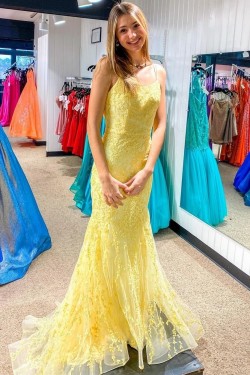 Long Yellow Mermaid Lace Prom Dresses Formal Evening Gowns 901764