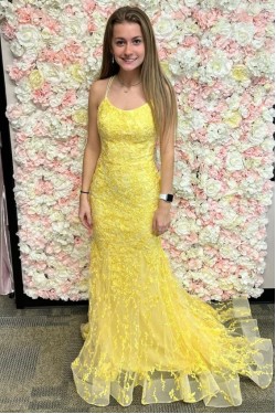 Long Yellow Mermaid Lace Prom Dresses Formal Evening Gowns 901764
