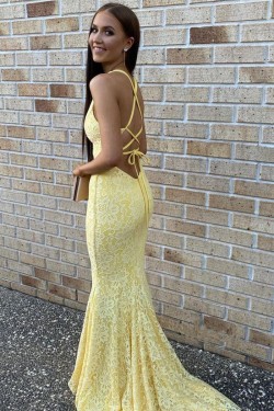 Long Yellow Mermaid Lace Prom Dresses Formal Evening Gowns 901765