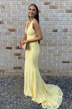 Long Yellow Mermaid Lace Prom Dresses Formal Evening Gowns 901765