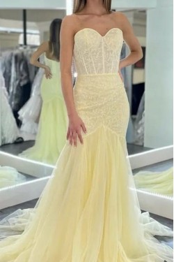 Long Yellow Mermaid Lace Sweetheart Prom Dresses Formal Evening Gowns 901766
