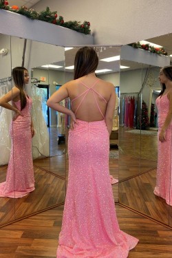 Long Pink Sparkle Sequins Prom Dresses Formal Evening Gowns 901769