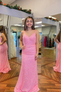 Long Pink Sparkle Sequins Prom Dresses Formal Evening Gowns 901769