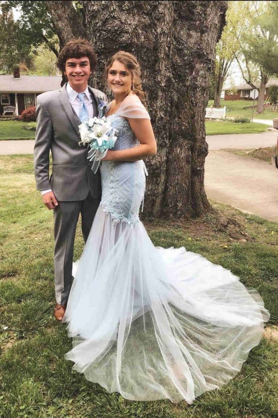 Long Blue Mermaid Lace and Tulle Prom Dresses Formal Evening Gowns 901779