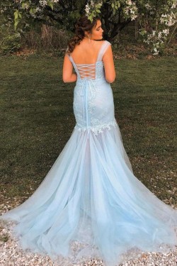Long Blue Mermaid Lace and Tulle Prom Dresses Formal Evening Gowns 901779