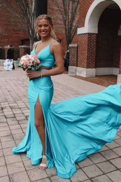 Long Blue Two Pieces Mermaid Prom Dresses Formal Evening Gowns 901780