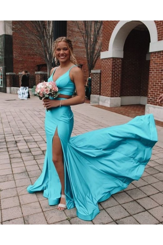 Long Blue Two Pieces Mermaid Prom Dresses Formal Evening Gowns 901780