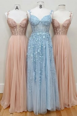 A-Line Long Blue Lace and Tulle Prom Dresses Formal Evening Gowns 901782