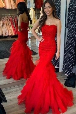 Long Red Mermaid Lace and Tulle Prom Dresses Formal Evening Gowns 901784