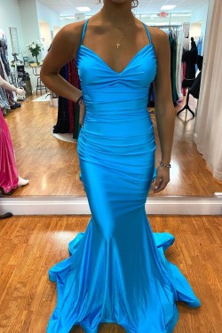 Long Blue Mermaid Prom Dresses Formal Evening Gowns 901789