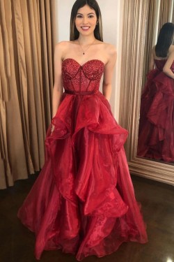 A-Line Long Burgundy Sweetheart Prom Dresses Formal Evening Gowns 901804