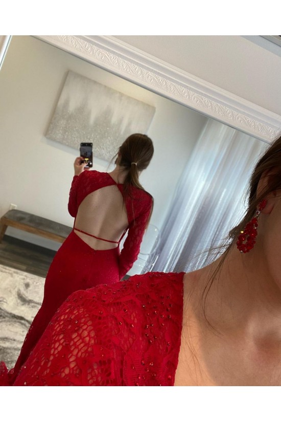 Long Red Mermaid Lace Long Sleeves Prom Dresses Formal Evening Gowns 901805 Long Red Mermaid Lace Long Sleeves Prom Dresses Formal Evening Gowns 901805