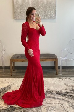 Long Red Mermaid Lace Long Sleeves Prom Dresses Formal Evening Gowns 901805