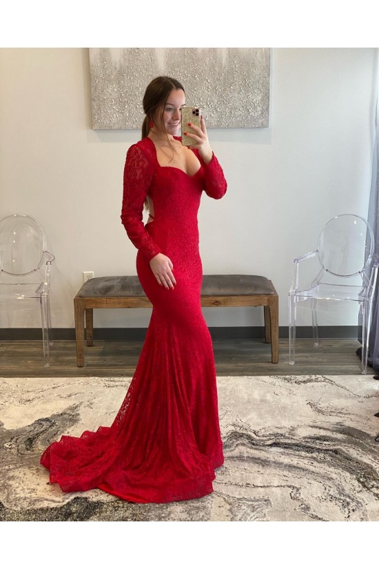 Long Red Mermaid Lace Long Sleeves Prom Dresses Formal Evening Gowns 901805 Long Red Mermaid Lace Long Sleeves Prom Dresses Formal Evening Gowns 901805