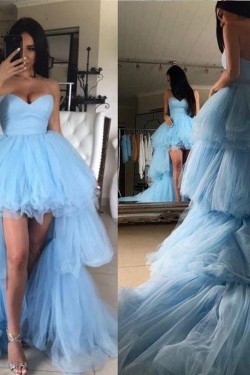 High Low Long Blue Tulle Prom Dresses Formal Evening Gowns 901808